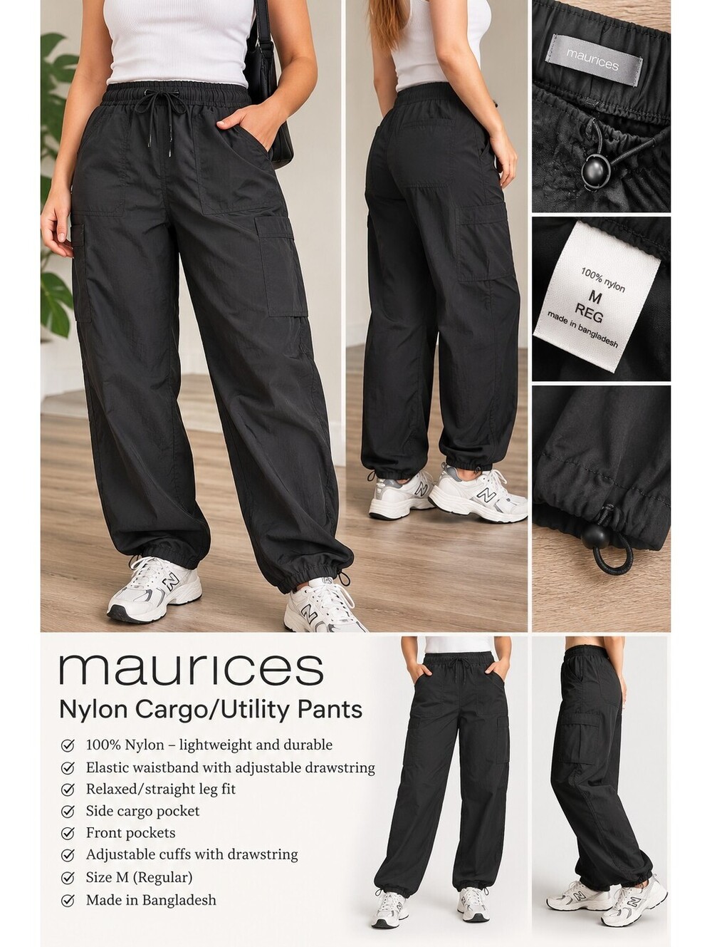 Maurices Black Cargo Parachute Pants Women’s Size M Regular Nylon